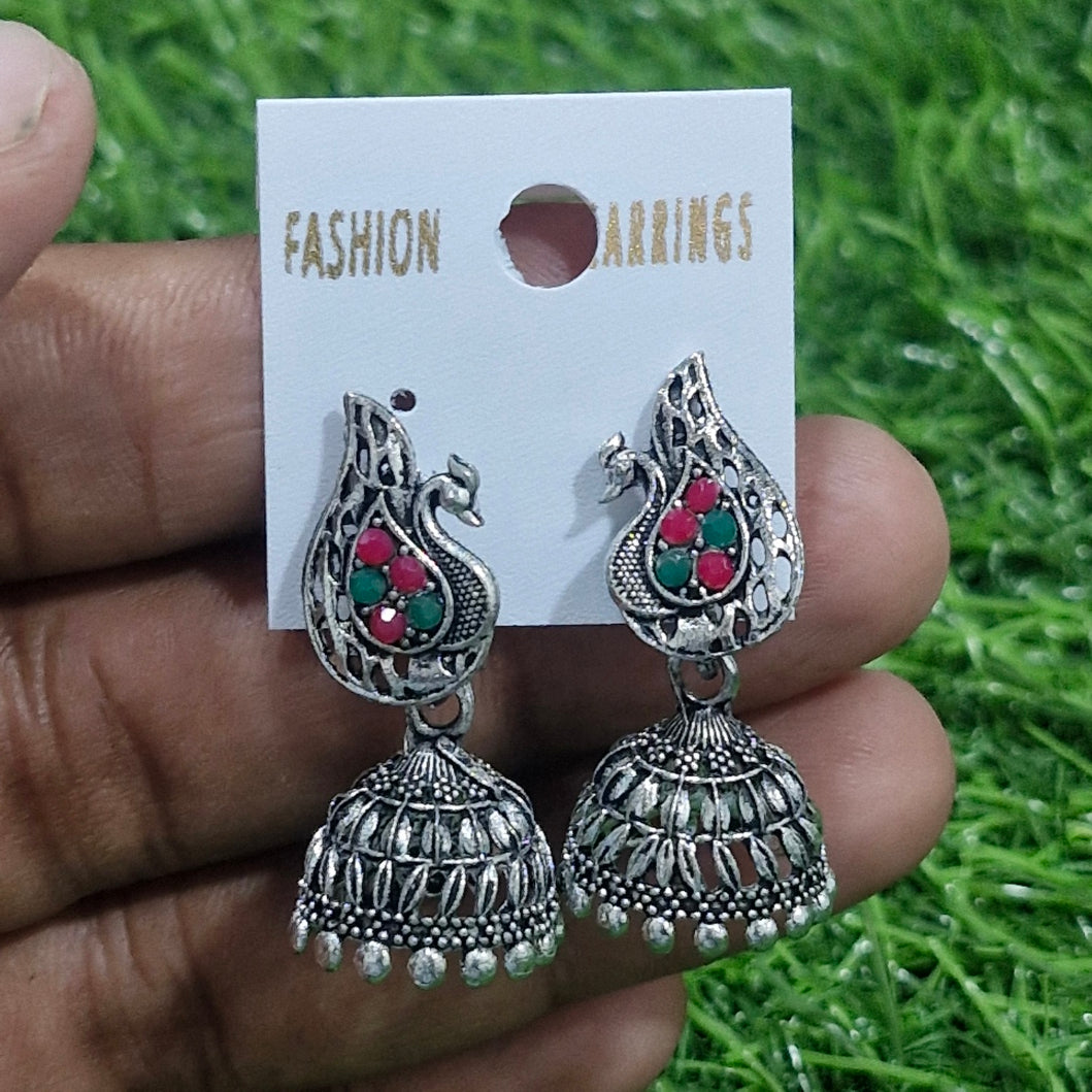 Oxidised Silver Peacock Design Jhumka Earrings with Red & Green Stones | Traditional 3 cm Ethnic Earrings for Women & Girls