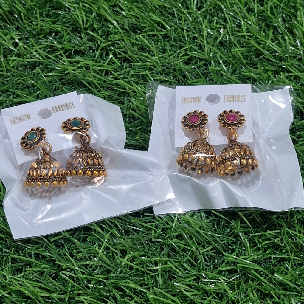 Women's Traditional Oxidized Gold Jhumka Earrings | Golden Jhumki for Saree & Kurti | Ethnic Party Wear Baali for Girls | Antique Gold-Toned Stone Studded Earrings