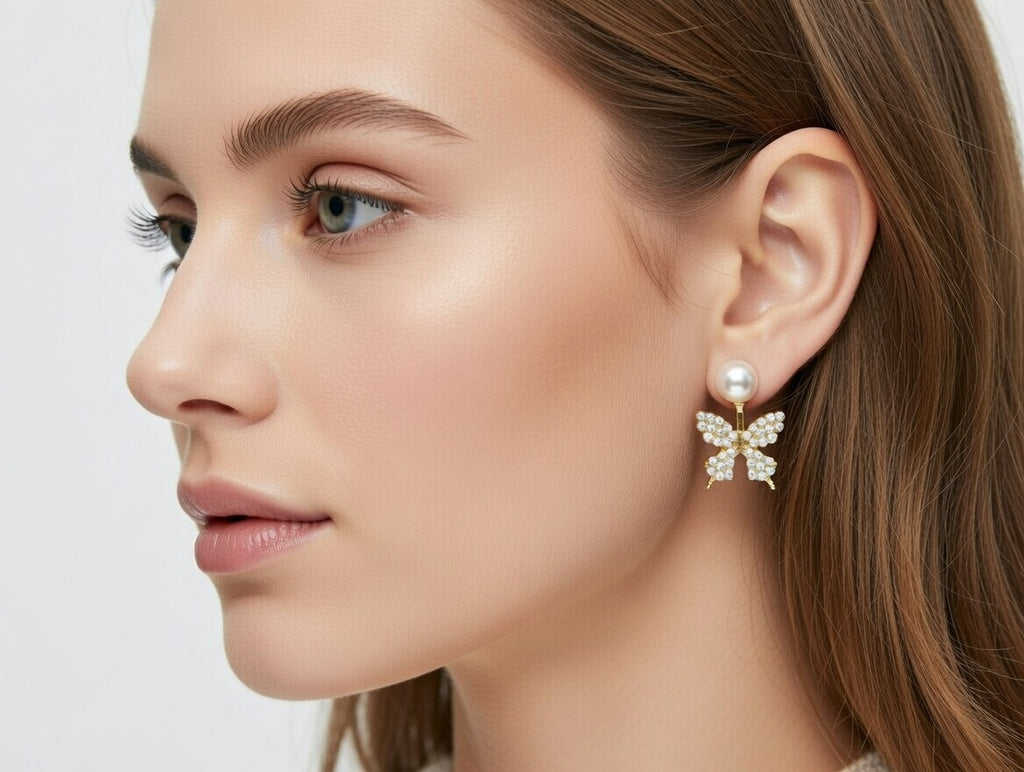 Aakruti Stores 3 Pair Gold Plated Stud Earrings Set for Women – Butterfly Crystal, Floral Enamel & Pearl Designer Earrings Combo | Stylish Daily Wear Jewellery