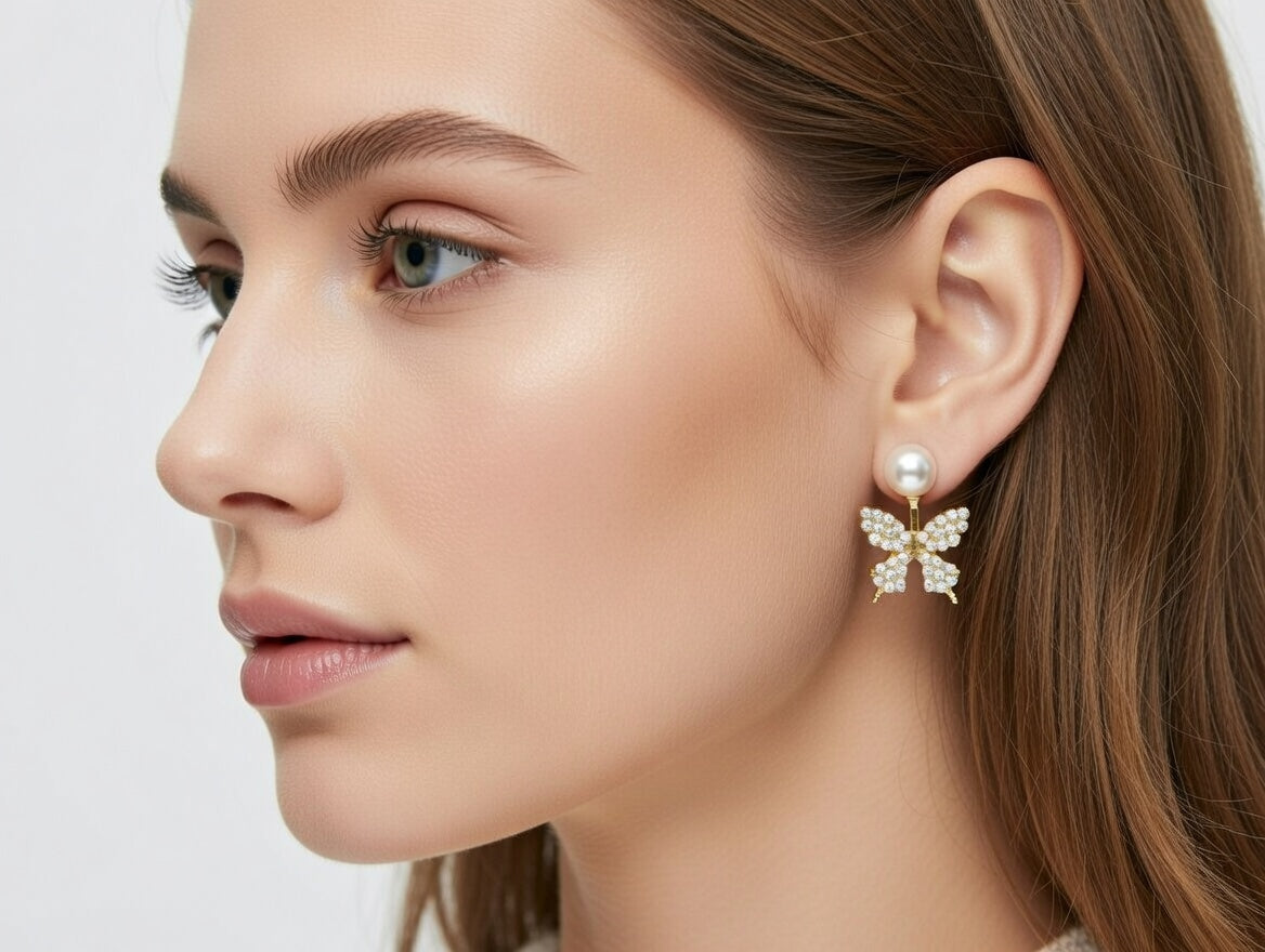 Aakruti Stores 3 Pair Gold Plated Stud Earrings Set for Women – Butterfly Crystal, Floral Enamel & Pearl Designer Earrings Combo | Stylish Daily Wear Jewellery