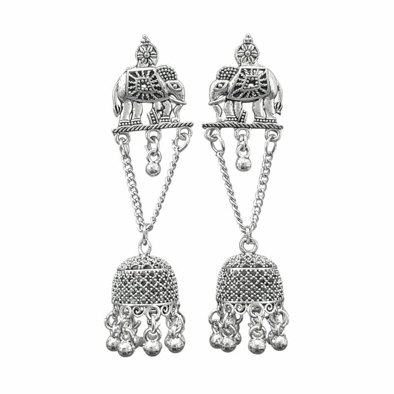 Oxidised Silver Elephant Jhumka Earrings for Women | Traditional Ethnic Long Jhumki | Antique Temple Jewellery