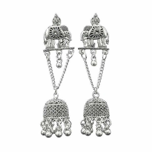 Oxidised Silver Elephant Jhumka Earrings for Women | Traditional Ethnic Long Jhumki | Antique Temple Jewellery