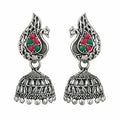 Oxidised Silver Peacock Design Jhumka Earrings with Red & Green Stones | Traditional 3 cm Ethnic Earrings for Women & Girls