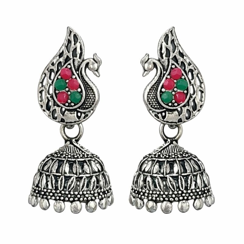 Oxidised Silver Peacock Design Jhumka Earrings with Red & Green Stones | Traditional 3 cm Ethnic Earrings for Women & Girls