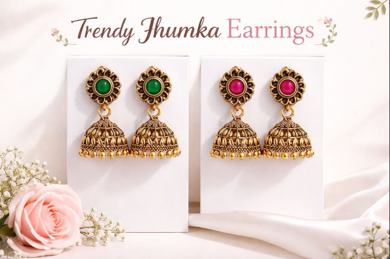 Women's Traditional Oxidized Gold Jhumka Earrings | Golden Jhumki for Saree & Kurti | Ethnic Party Wear Baali for Girls | Antique Gold-Toned Stone Studded Earrings