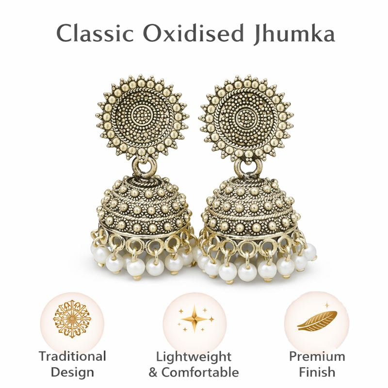 Aakruti Stores Antique Gold Jhumka Earrings for Women - Traditional Indian Ethnic Sun Stud Bell Earrings with Pearl Drops -  Handcrafted Wedding & Festive Jewelry