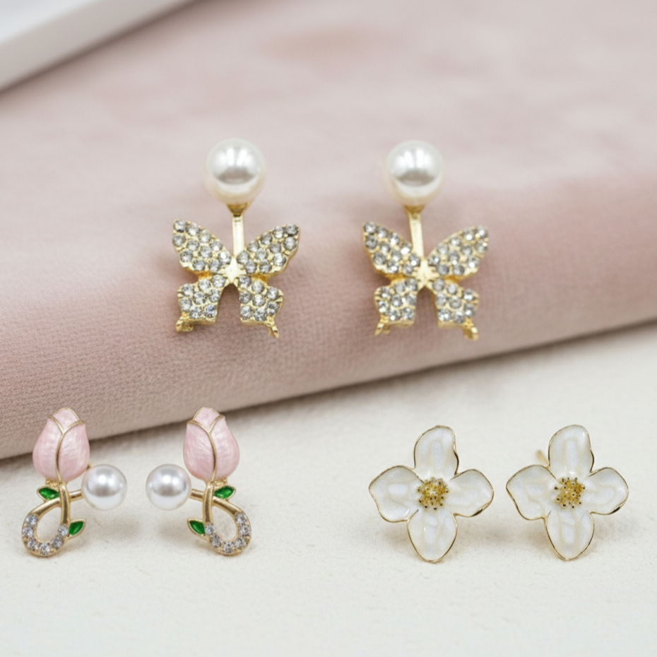 Aakruti Stores 3 Pair Gold Plated Stud Earrings Set for Women – Butterfly Crystal, Floral Enamel & Pearl Designer Earrings Combo | Stylish Daily Wear Jewellery