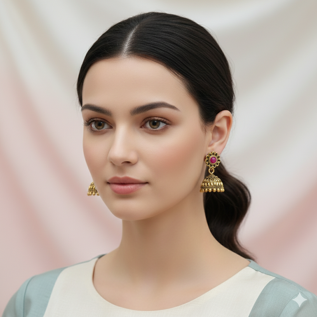 Women's Traditional Oxidized Gold Jhumka Earrings | Golden Jhumki for Saree & Kurti | Ethnic Party Wear Baali for Girls | Antique Gold-Toned Stone Studded Earrings