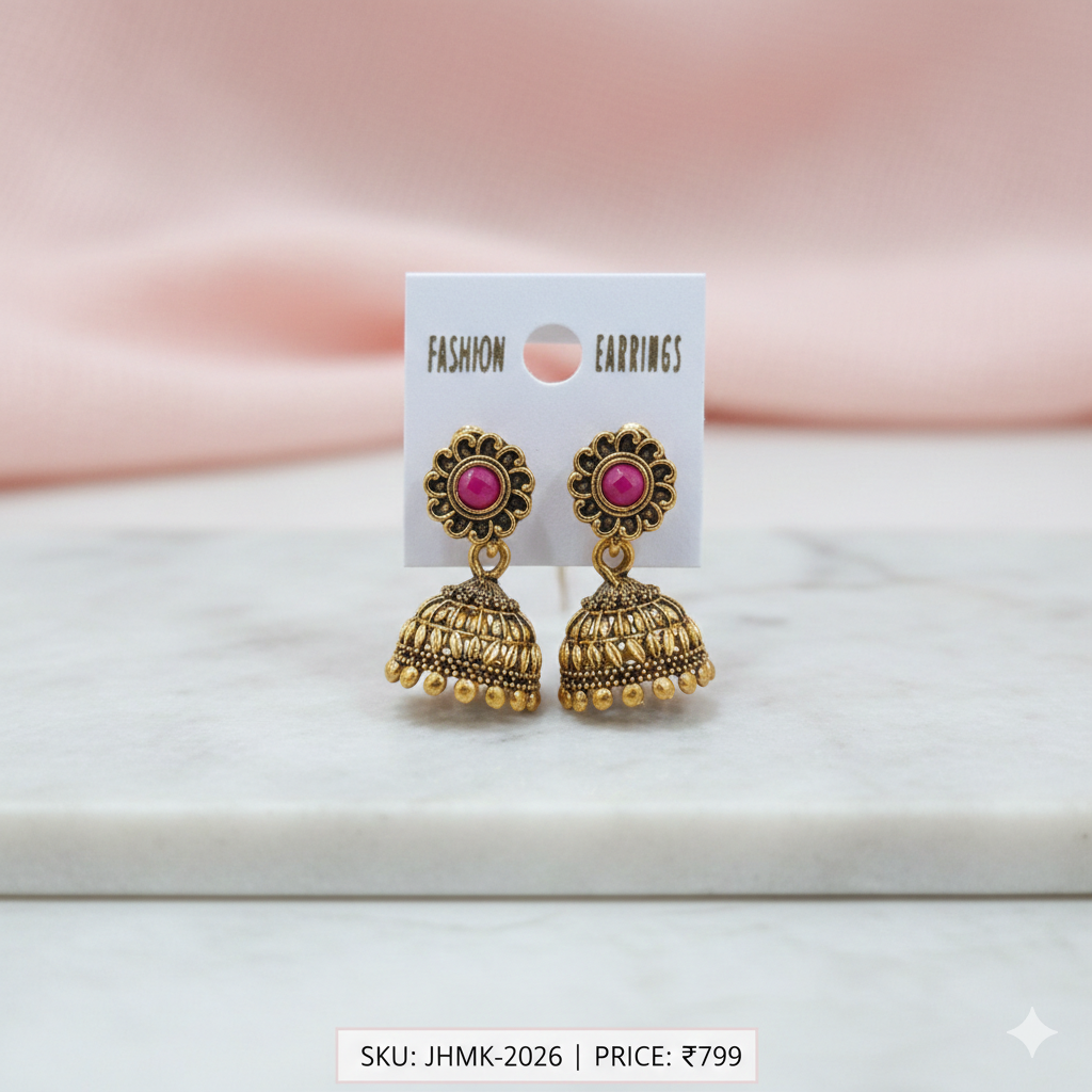 Women's Traditional Oxidized Gold Jhumka Earrings | Golden Jhumki for Saree & Kurti | Ethnic Party Wear Baali for Girls | Antique Gold-Toned Stone Studded Earrings