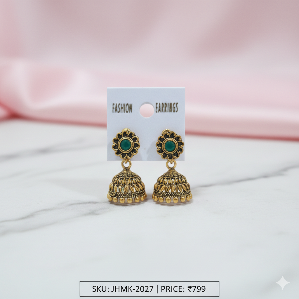 Women's Traditional Oxidized Gold Jhumka Earrings | Golden Jhumki for Saree & Kurti | Ethnic Party Wear Baali for Girls | Antique Gold-Toned Stone Studded Earrings