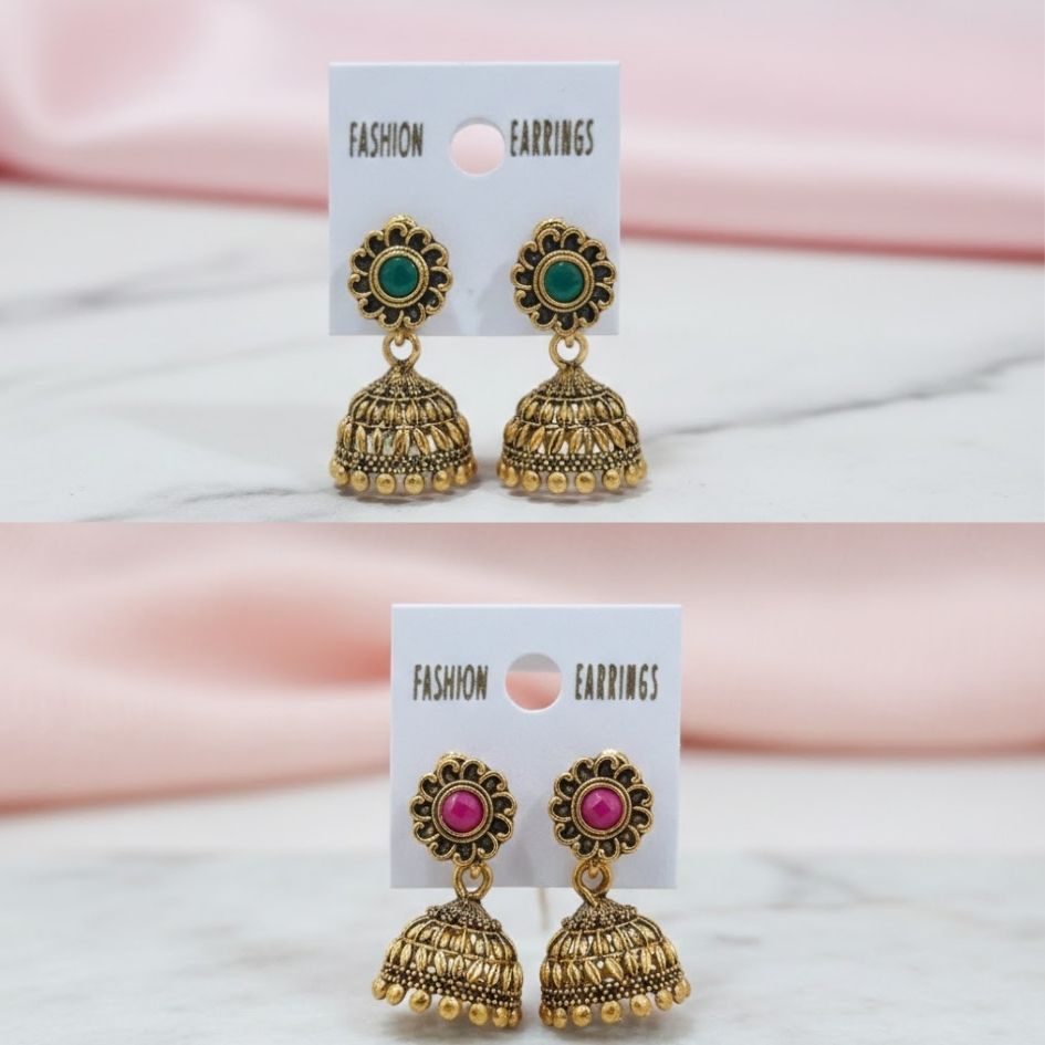 Women's Traditional Oxidized Gold Jhumka Earrings | Golden Jhumki for Saree & Kurti | Ethnic Party Wear Baali for Girls | Antique Gold-Toned Stone Studded Earrings