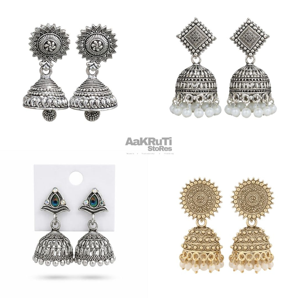 Combo of 4 Oxidised Silver & Gold Plated Traditional Jhumkha Earrings for Women | Ethnic Indian Earrings Set