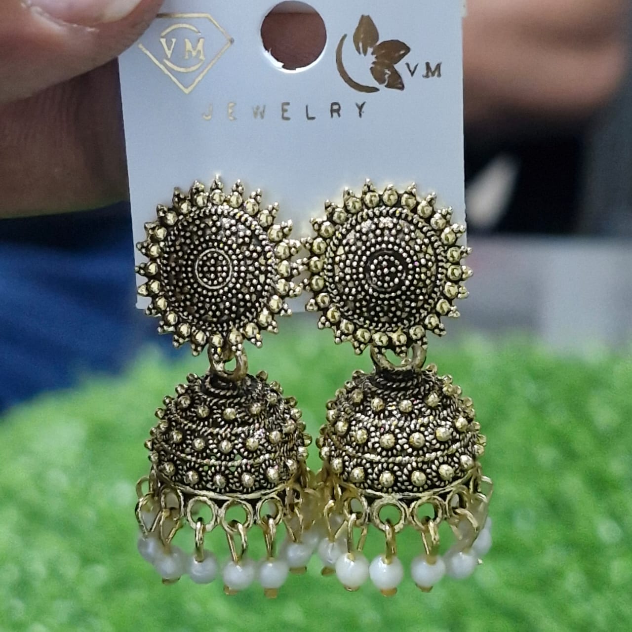 Aakruti Stores Antique Gold Jhumka Earrings for Women - Traditional Indian Ethnic Sun Stud Bell Earrings with Pearl Drops -  Handcrafted Wedding & Festive Jewelry