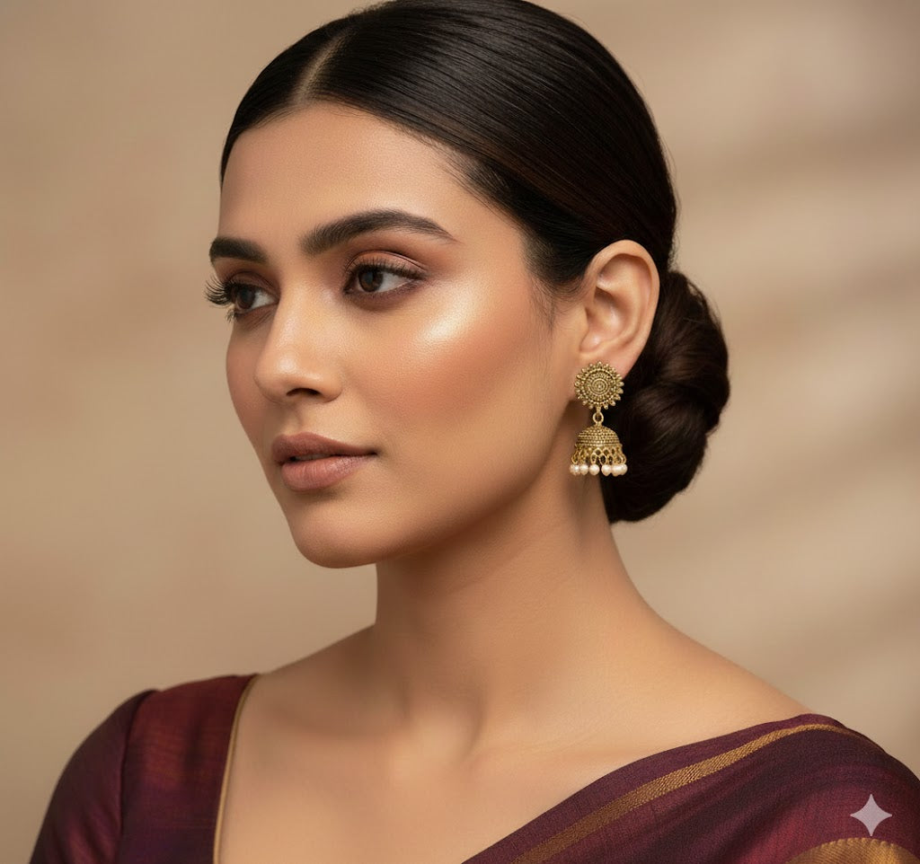 Aakruti Stores Antique Gold Jhumka Earrings for Women - Traditional Indian Ethnic Sun Stud Bell Earrings with Pearl Drops -  Handcrafted Wedding & Festive Jewelry